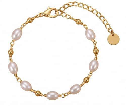 AstraGlam Pulsera Dorada para Mujeres, Pulsera Delicada con Perlas Chapada en Oro de 14K, Joyería Ajustable Hipoalergénica e Impermeable, Elegante para Uso Diario Como Regalo Creativo para Mujeres