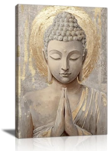 Oro Buda Estatua Marcos Con Modernos Cuadros Decoracion, Budista Espiritual Meditación Cuadro y Láminas Beige Religioso Buda Lienzos Decorativos Hogar Para Estudio Templo Salon Oficina 30X40cm
