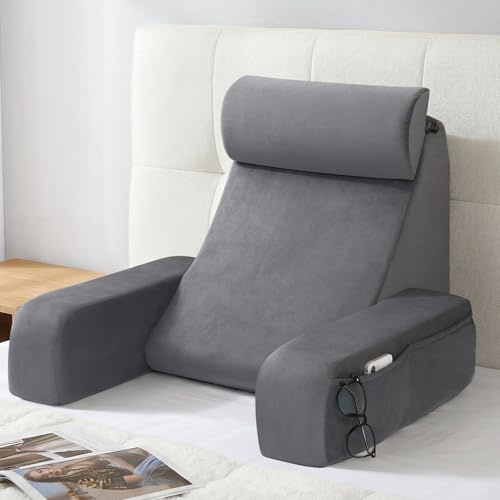 ENITYA 19 Back Support Pillow,Reading Pillow with Attached Arms & Large Pockets, Removable Washable Cover, Wedge for Sitting,Reclining,Watching TV,Post Surgery in Bed,Couch or Floor,Medium Firm,Grey