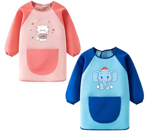 Astralong 2 Piezas Delantal Infantil 4-6 Años, Bata Pintura Niño con Manga Larga y Bolsillo Grande, Bata de Arte para Niños Rosa y Azul, Babi Escolar Infantil para Artes Manualidade Pintura