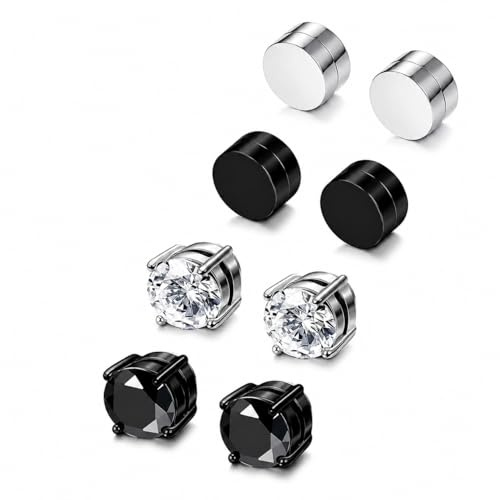 4 pares pendientes magnéticos circonita sin perforación hipoalergénicos, pendientes hombre, pendientes iman hombre, pendientes para hombre
