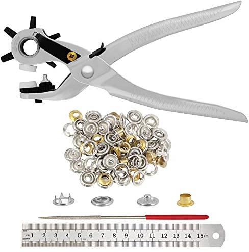 Kurtzy Perforadora Cuero Giratoria Alicates Sacabocados con Ojales, Regla y Lima – Resistente Maquina Agujeros Cinturon – Agujeros 3,9-5,5mm para Tela, Relojes, Collares, Sillas, Lienzos, Manualidades