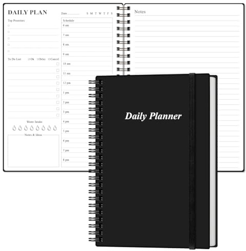 Daily Planner Undated - A5 To Do List Notebook Hourly Schedules, Spiral Appointment Planner for Women and Men, PVC Hardcover, Inner Pocket, Elastic Closure, 5.8 x 8.3, Black