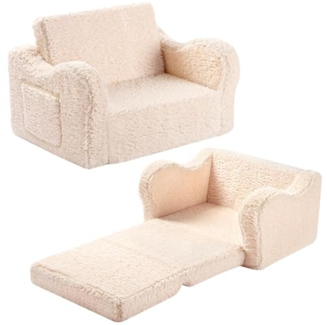 MOMCAYWEX Kids Sofa, 2-in-1 Flip-Out Foam Couch with Soft Sherpa Cover, Cozy Play Lounge Chair, Cream