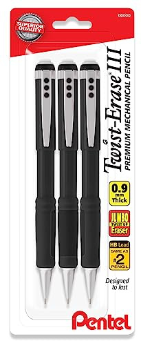 Pentel Mechanical Pencil 0.9 mm Twist Erase III, Twist Up Eraser, Pre-Loaded Super Hi-Polymer HB Lead, Black Barrel, 3-Pack