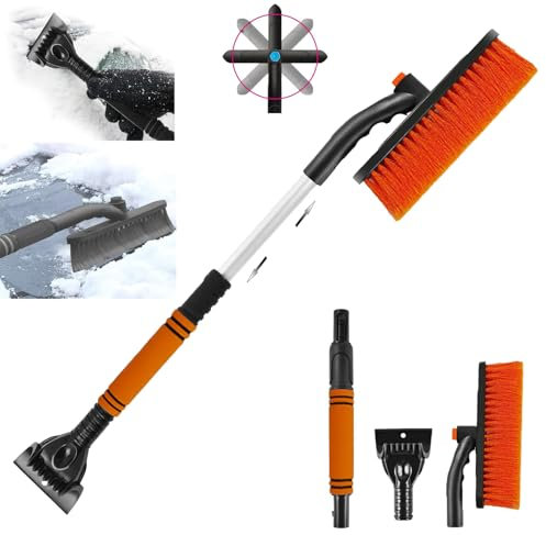Gxlaihly Grattoir à Glace et Brosse à Neige 3 en 1, grattoir à Glace pour Voiture avec Balai,Brosse à Neige Voiture Ajustables,raclette Givre Brosse à Neige Voiture (Couleur Orange)