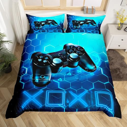 Gaming Funda Nórdica Niños Gamer Azul Videojuego Juego de Cama 135x200cm Juego de Consola de Nido de Abeja Decoración Dormitorio Set Geométrico Hexágono con 1 Funda de Almohada