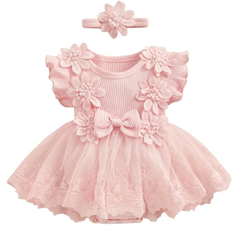 Qianderer Nyfödd Baby Flicka Sparkdräkt Kortärmad Nutu Klänning Spets Volang Klänning Jumpsuits med pannband Sommarkläder, Rosa, 3-6 Månader