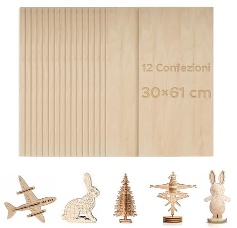 OMTech 12 Feuilles de Contreplaqué de Tilleul 300x600x3 mm Planches Rectangulaires de Bois Brut pour Bricolage Gravure Dessin Peinture Modèles Architecturaux