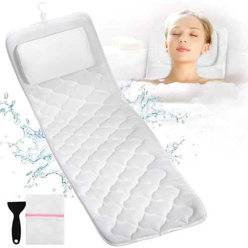 Coussin de bain antidérapant avec 13 ventouses, sac à linge, coussin de baignoire pour appuie-tête, cou, épaules et dos, 127 x 40,6 x 2,5 cm