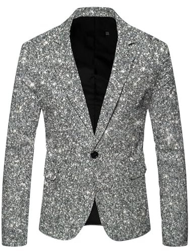 Generisk Paljetter Glitter Glänsande En-Knapp Slim Fit Elegant Kavaj - Avslappnad Kostym Jacka för Män Vår, Vardag, Affärer, Bröllop, Fest, Silver