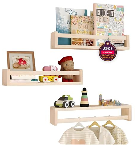 Aichilra Lot de 3 étagères flottantes pour livres et jouets, idéal pour les chambres d'enfants | Bois naturel