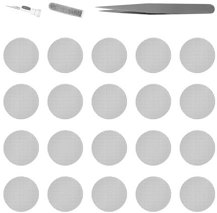 YIMATEECO Juego de 20 filtros de auriculares de malla plateada, a prueba de polvo con pegamento, malla de acero inoxidable, con juego de herramientas de bolígrafo de limpieza, accesorios de