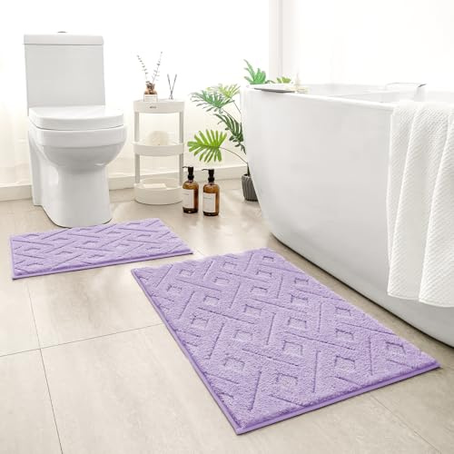 HOMEIDEAS Bathroom Rugs Sets 2 Piece, Extra Soft Shaggy Absorbent Non Slip Machine Washable Grid Bath Mats for Bathroom, Tub and Shower (Lavender Purple)