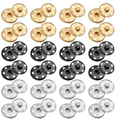 24 Sets Snaps for Sewing, 1 Inch/25 mm Large Sew-on Snap Buttons Sewing Snaps for Fabric Metal Snap Fasteners Press Studs Buttons for Repairing Clothing (Gold, Black, Silver)