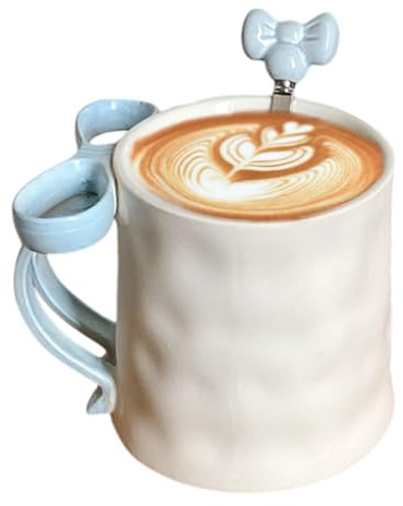 Wuvfojca Tasse Au Nœud Papillon Avec La Cuillère 500ML Tasse À Café En Ceramique Avec Nœud Bleu Tasses À Café Mignonne En Forme De Cœur Pour Bureau Maison Lait Chocolat Chaud Petit-déjeuner
