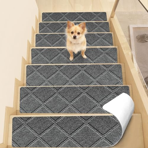 YushengTai Antiderapant Escalier, 15 Pièces Tapis Escalier Antidérapant Autocollant, Moquette Escalier Protection pour Animaux de Compagnie et Enfants Plus âgés (Gris Foncé, 55 cm x 19 cm)