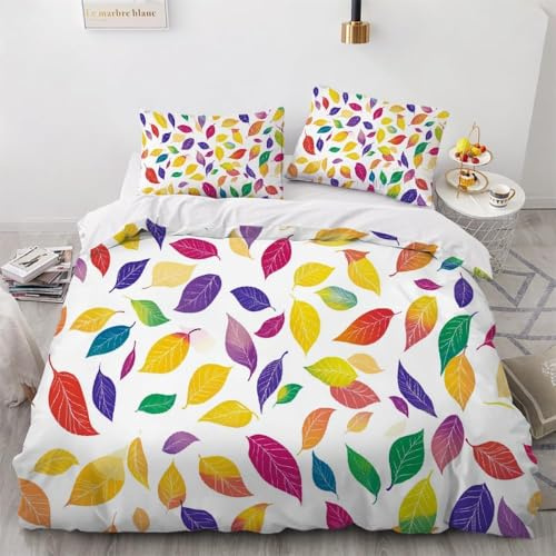 Funda Nordica Cama 135/150 Hojas 3D Microfibra Suave Ropa de Cama Colorido 3 Pezzi Include 1 Fundas de Edredón 220x240 cm y 2 Fundas de Almohada 50x75cm A-1985