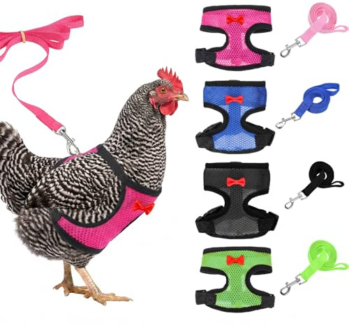 4Pcs Adjustable Chicken Harness with Leash, Comfortable Mesh Hen Vest | Breathable Upgraded Elastic Easy to wear Hen Vest for 1.2-1.9lb Chicken, Duck, Goose, Small Pet Training Walking Supplies