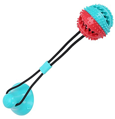 Phefop Pelota con Ventosa para Masticar para Perros, Juguete Interactivo para Mascotas con Puntos de Limpieza Molar de 360° y Campana Integrada para Limpieza de Dientes y Juego (Rojo Azul)