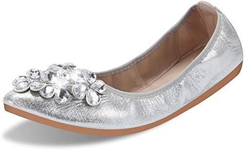 QIMAOO Womens Ballet Flats Pumps Foldable Ballerina Shoes for Women Ladies Flat Shoes Roll up Shoes Slip on Dolly Shoes Silver 4.5UK