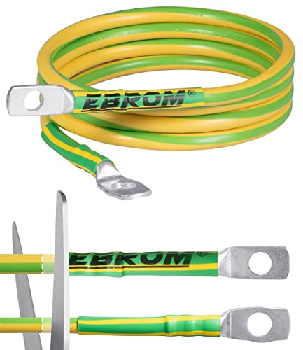 EBROM Erdungskabel - Erdungsleitung H07V-K 16 mm² grün-gelb Erdungsleiter, 30 cm bis 10 m Länge + Kabelschuhe M6/M8/M10/M12 kombinierbar, Made in Germany, 16 mm2 für Kreuzerder 200 cm Loch 2 x M8