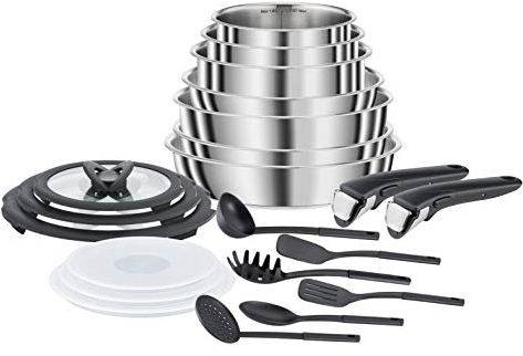 Seb Compact Inox Batterie de cuisine 20 pièces, Induction, Poêles 22/24/26 cm, Casseroles 16/18/20 cm, Sauteuse 24 cm, Couvercles verre + conservation, Spatules, Poignées L953SK04