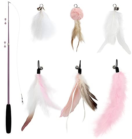 SONGWAY Interactive Cat Feather Toy Set - Retractable Teaser Wand with 6 Pcs Feather Refills with Bell, Cat Wand Toys for Indoor Cats Kittens Play Chase Exercise, Light Pink