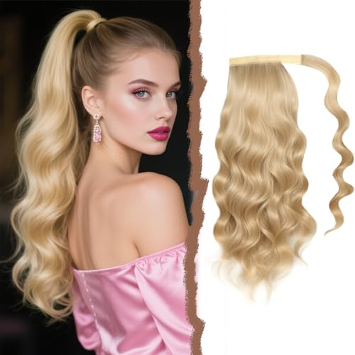Mulaibdin Coleta Postiza Pelo Natural Rizado, Extensiones Pelo Coleta Rubio Ceniza, Postizos de Pelo Natural Ondulado, Trenzas Postizas Mujer 50cm, Pelucas Cabello con Clip