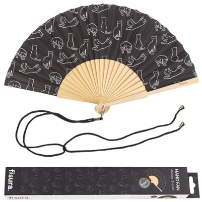 Fisura - Originale ventaglio con stampa di gatti.Ventilatore a mano in legno moderno e colorato. Ventaglio verde bianco e nero. Misure: 42,5 x 23 cm. Materiali: legno e tessuto.