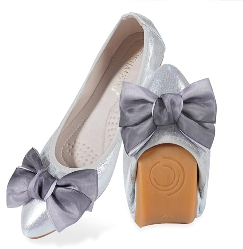 MACHSWON Womens Ballet Flats Sparkly Comfortable Casual Pointed Toe Bow-Knot Slip on Wedding Ballerina Dressy Flats Shoes Women(Silver, Size 5.5)
