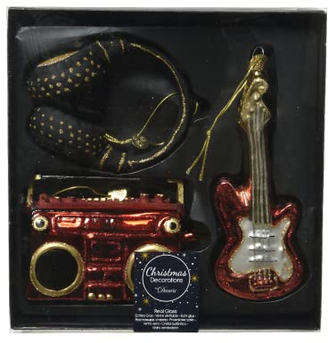 Kaemingk Christbaumschmuck Glas Musik Rock'n'Roll Set 3-teilig 8cm Weihnachtskugeln rot schwarz