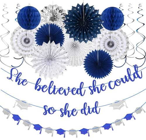 Banner per feste in argento blu navy-blue - 18 pezzi kit 2023 congratulazioni Grad She Believed She Could So She Did Ghirland, fan di pompon in tessuto di carta, lanterne a nido d'ape Panduola