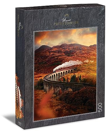 Ulmer Puzzleschmiede - Malerisches 500 Teile Schottland-Puzzle „Glenfinnan-Viadukt“ – Eisenbahn-Viadukt in den schottischen Highlands – EIN bekanntes Film-Motiv