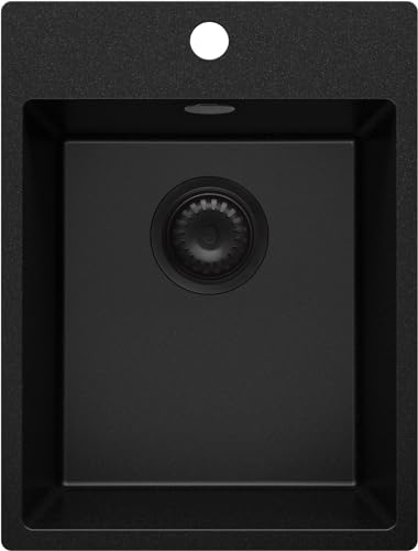 PRIMAGRAN Fregadero Cocina Todo Negro 38x50cm, Granito 1 Seno + Sifón, Sobre encimera al mueble 40cm - Riga S007