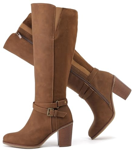 Luoika Women's Extra Wide Calf Cowboy Knee High Boots, Wide Width Cowgirl Slouchy Boots Chunky Pump Heel Plus Size Western Boots., Tan103, 13 X-Wide