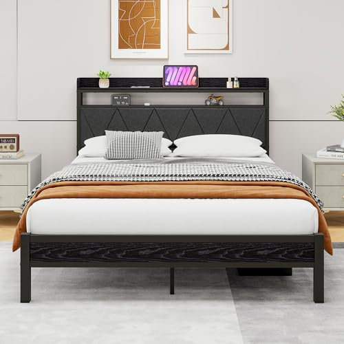 VERFARM Cama tapizada de metal de 140 x 200 cm, moderno marco de cama con somier, marco de cama de madera y metal con cabecero de 2 niveles con espacio de almacenamiento, cama doble de 140 x 200 cm