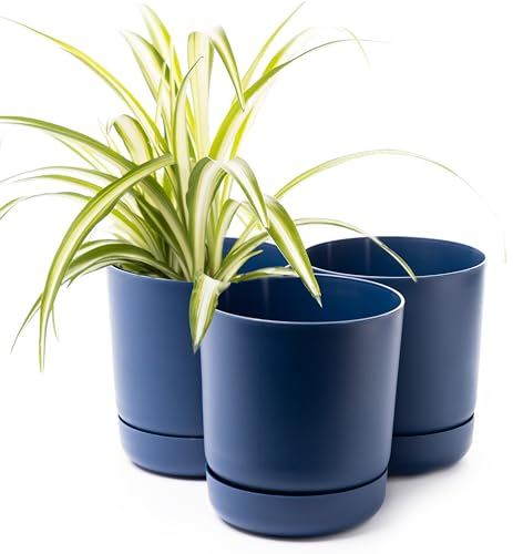 Home Garden Ornaments Large Plant Pots Indoor – Classy Indoor Plant Pot Set of 3 with Drainage Holes, Saucer and Reservoir, Self Watering Flower Pots (Diameter: 13cm, Colour: Blue)