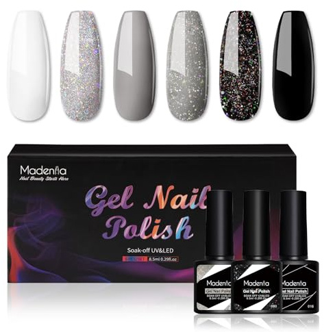 Madenia Gel Nail Polish Set: 6 Colours Black White Grey Glitter Nail Polish Set Soak Off UV/LED, Quick Drying Nail Varnish Nail Art DIY Manicure Salon & Home for Women, 8.5ML