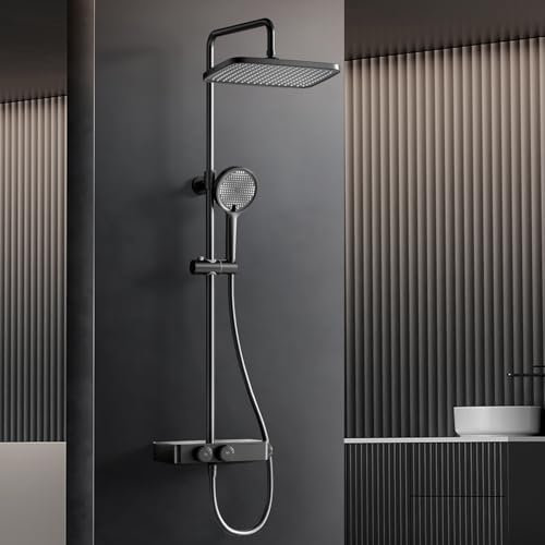 HANLIAN Duschsystem mit Thermostat, Duscharmatur Komplettset mit Sicherheitsverriegelung, Regendusche mit Armatur, Duschamaturenset Regendusche mit Anhebbarer Brausestange (Stil L38, Mattschwarz)