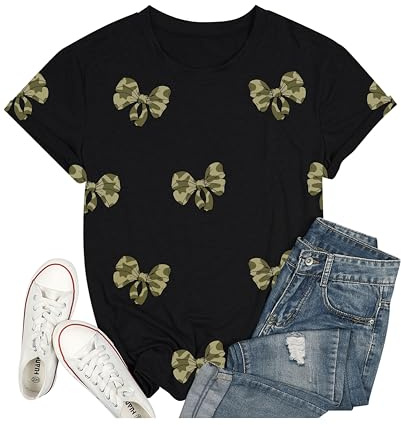 AMWIPE Bow Shirts for Women Camo Bow Graphic Tee Casual Trendy Preppy Tops