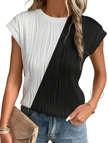 Gemulate Ladies Striped Summer Boho Tops Womens Dressy Summer Outfits Short Sleeve Blouses Casual Round Neck tee Shirts White Black L