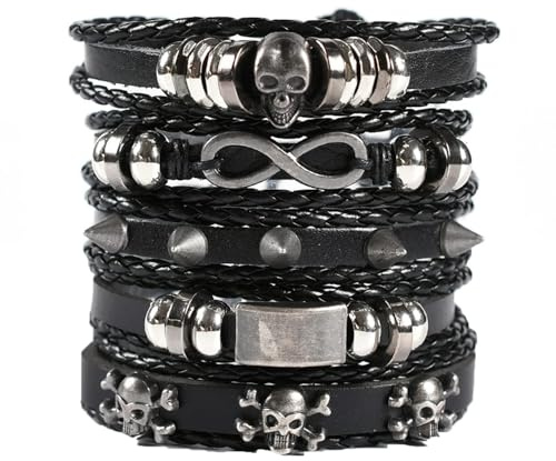 HolooVeranillo Leather bracelets, men's skull bracelets, men's leather wristbands, multi-wrap bracelets, statement, adjustable unisex leather bracelets Click and apply