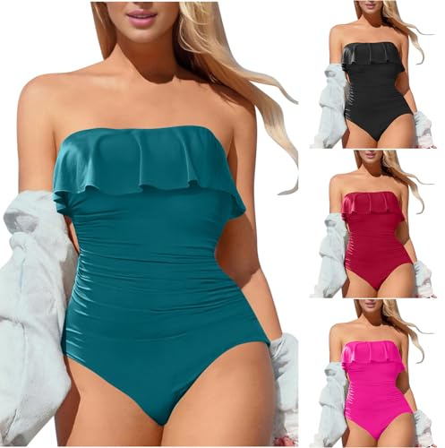 DeHolifer Costume da Bagno Intero Donna Bandeau Ruffle Costumi da Mare Sexy Bikini Senza Schienale Monokini Pancia Controllo Beachwear Push up Reggiseno Curvy Modellante Swimwear Estate Tankini