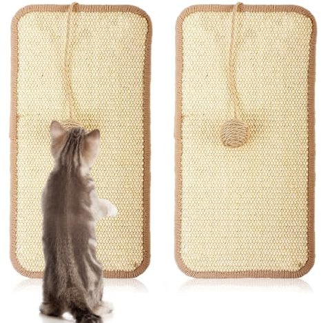 2 Pack Cat Scratch Mat, 50 x 25cm Natural Sisal Cat Scratching Mats, Beige | Ball Toy Design Cat Scratchers for Indoor Cats with Sticky Tapes Protect Carpets and Sofas