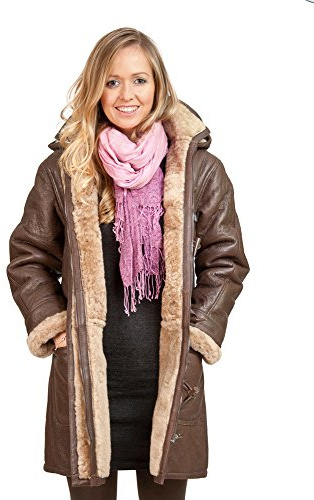 Women's Brown Long Winter Hooded Real Shearling Sheepskin Leather Duffle Coat
