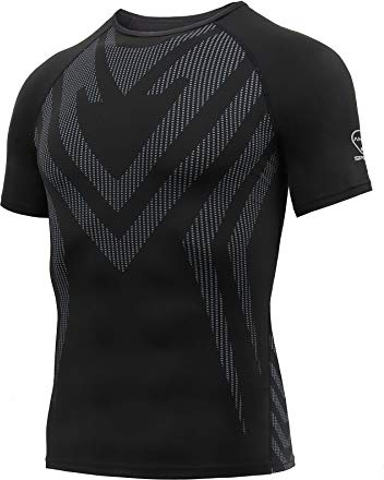 AMZSPORT Camisa de Compresión Deportiva para Hombre Camiseta de Manga Corta Camiseta de Secado Rápido Capa Base para Correr, Negro S