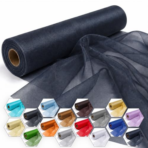Trimming Shop Snow Sheer Organza Roll 25m x 29cm Glitter Sashes, Navy | Table runner, chair bow and swags fabric for wedding décor, parties and ribbon craft projects