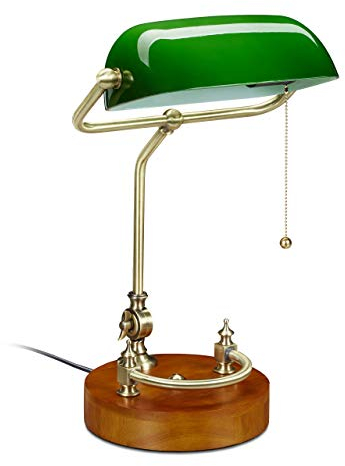 Relaxdays Bankerlampe mit Zugschalter, neigbarem Glasschirm & Holzfuß, Bankerleuchte E27, Schreibtischlampe Retro, grün, 10034408, 43 x 27 x 22 cm