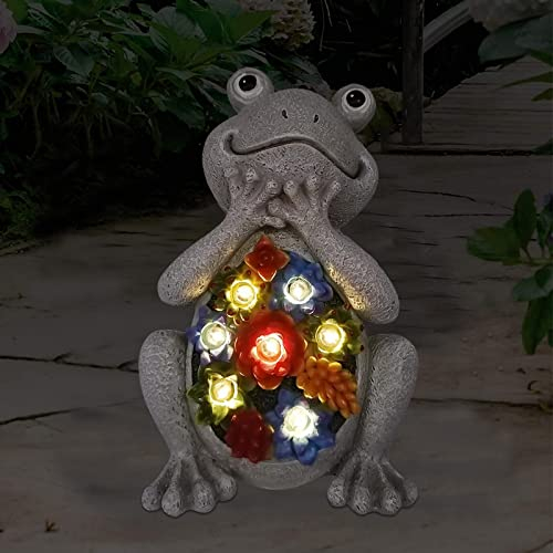 Yeomoo Frosch Gartenfiguren mit Solarlampen Gartendeko für Draußen: Lustige Forsch Deko mit Sukkulenten Solar Lichterkette Geschenke für Frauen/Mama/Männer Geburtstagsgeschenk Garten Balkon Deko Grau